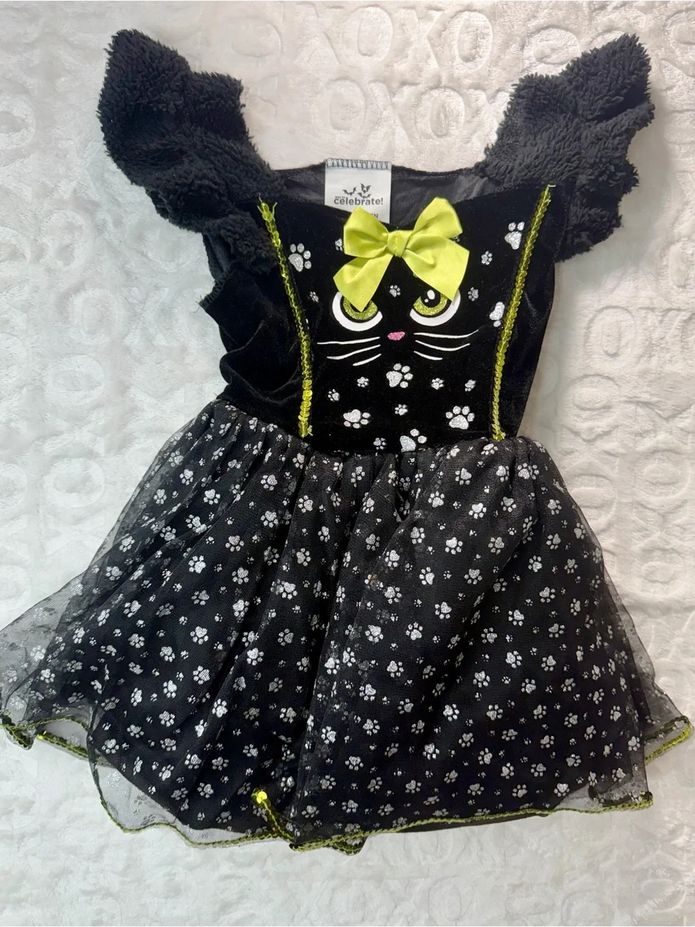 Black Cat Paw-Print Kids Halloween Costume Dress with Lime Bow Accent
